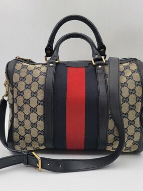 GUCCI Monogram Selleria Calfskin Vintage Web Medium Boston Blue, Auth. w/COA..